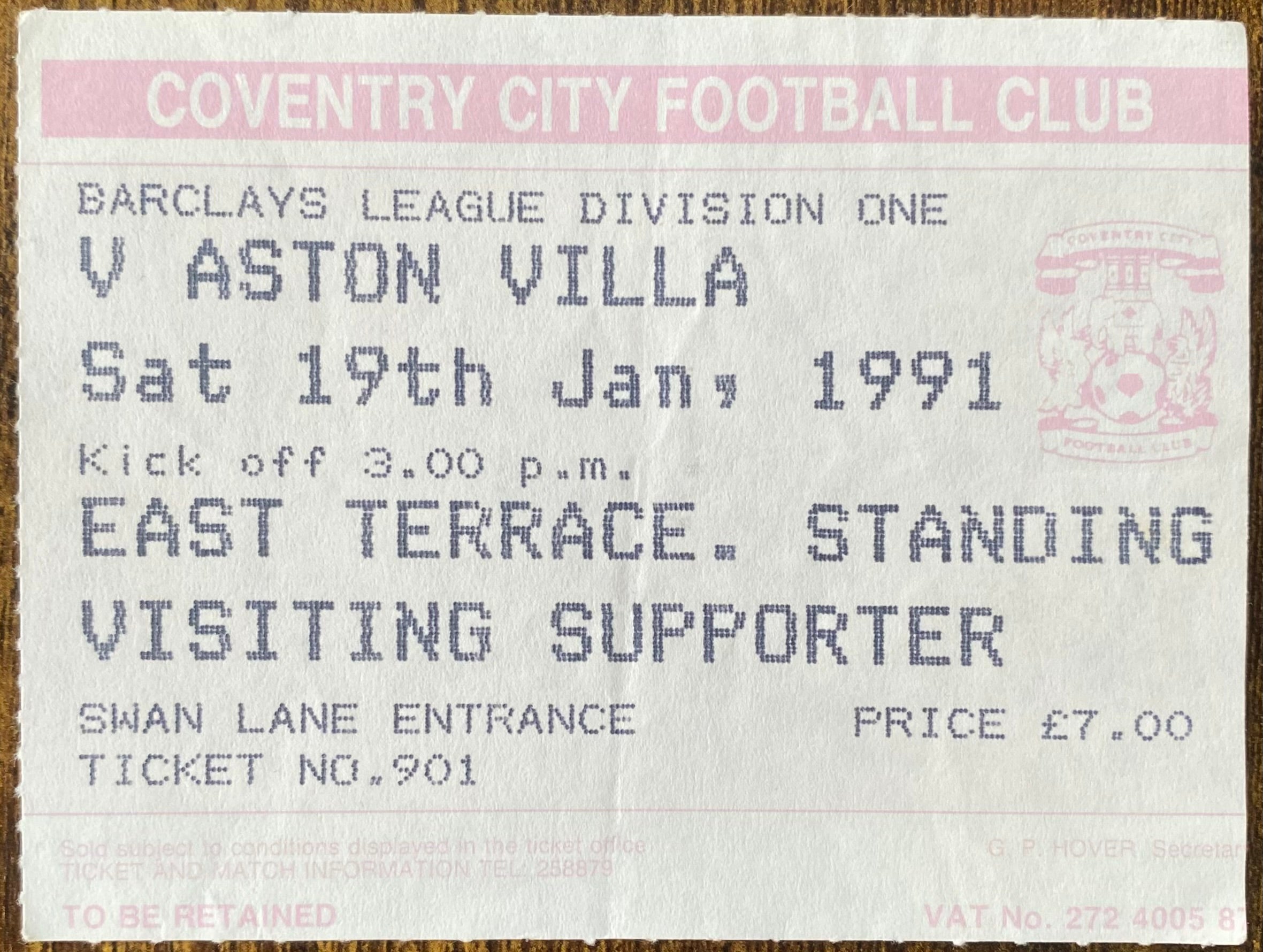 1990/91 ORIGINAL DIVISION 1 TICKET COVENTRY CITY V ASTON VILLA