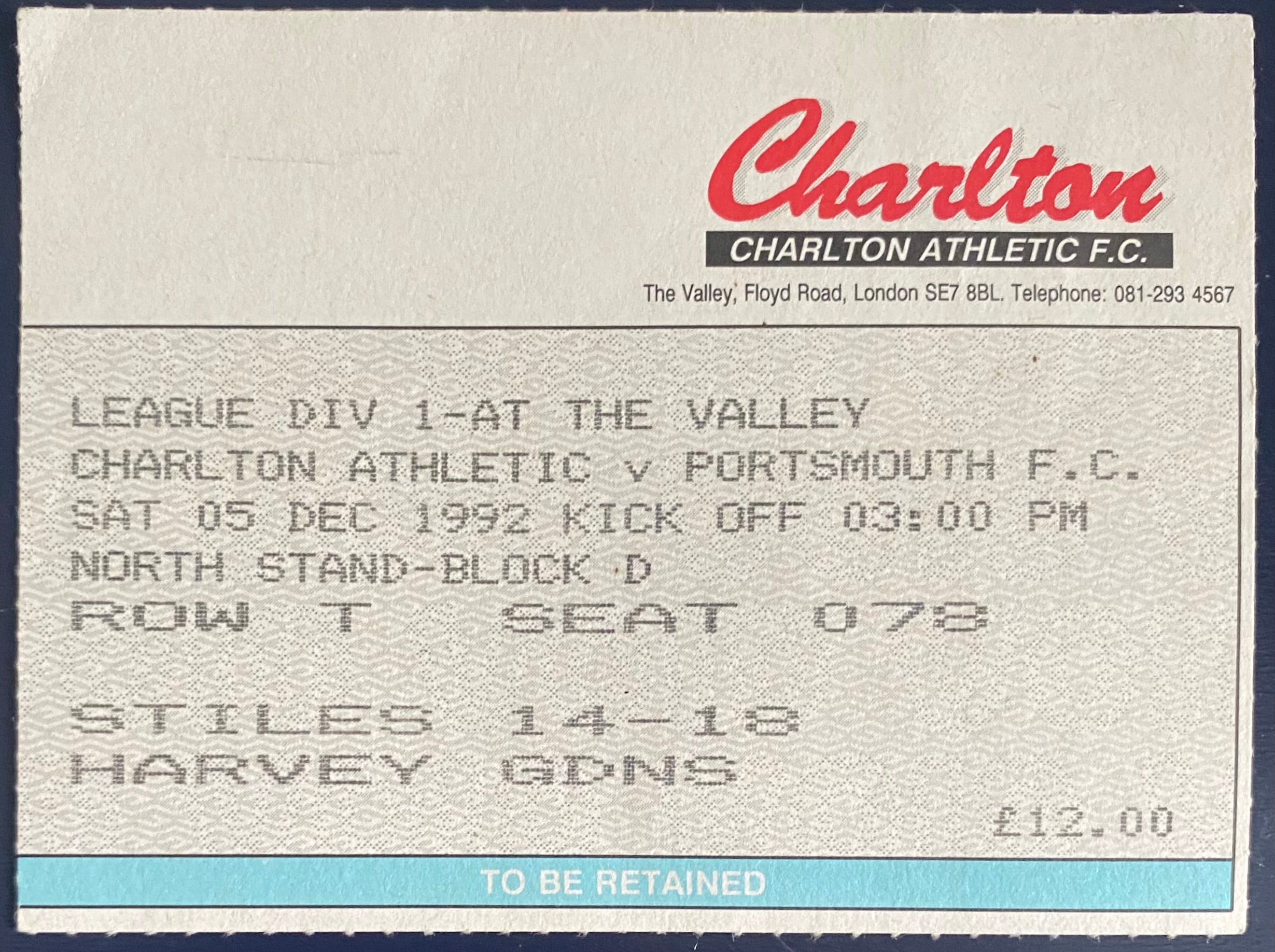 1992/93 ORIGINAL DIVISION 1 TICKET CHARLTON ATHLETIC V PORTSMOUTH