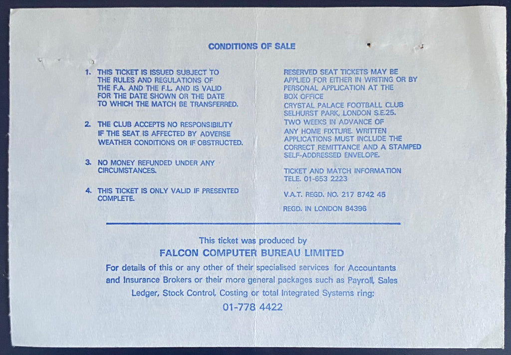 1978/79 ORIGINAL DIVISION 1 TICKET CRYSTAL PALACE V WEST HAM UNITED