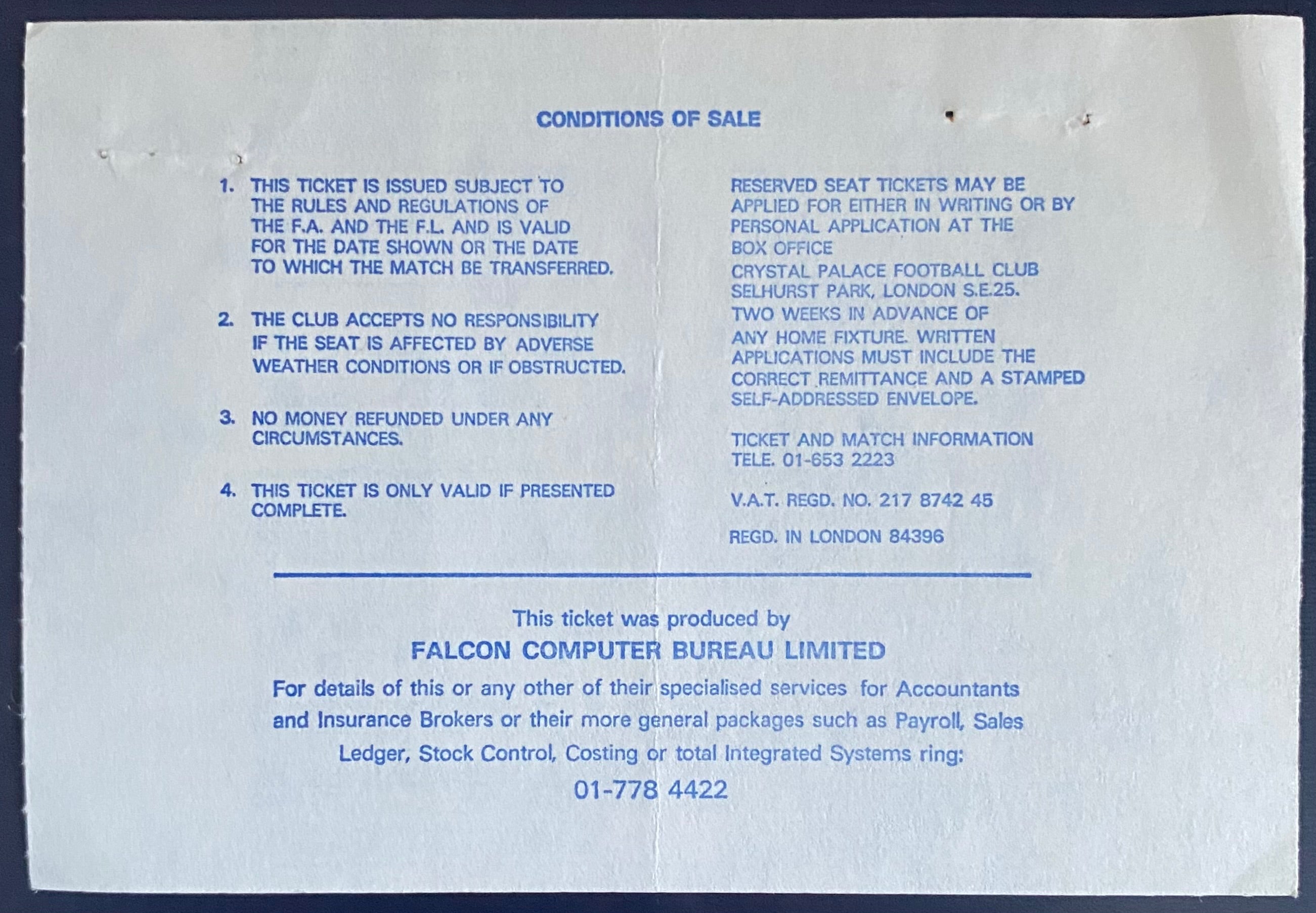 1978/79 ORIGINAL DIVISION 1 TICKET CRYSTAL PALACE V WEST HAM UNITED