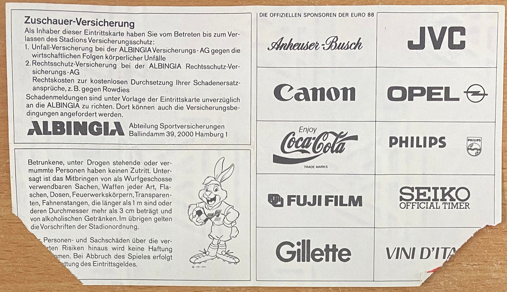 1988 ORIGINAL EURO 88 SEMI FINAL TICKET SOVIET UNION V ITALY @ STUTTGART