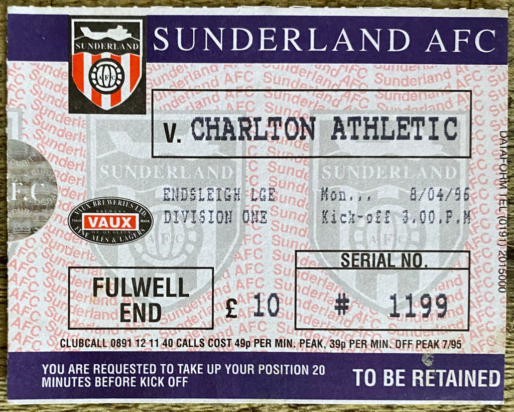 1995/96 ORIGINAL DIVISION ONE TICKET SUNDERLAND v CHARLTON ATHLETIC