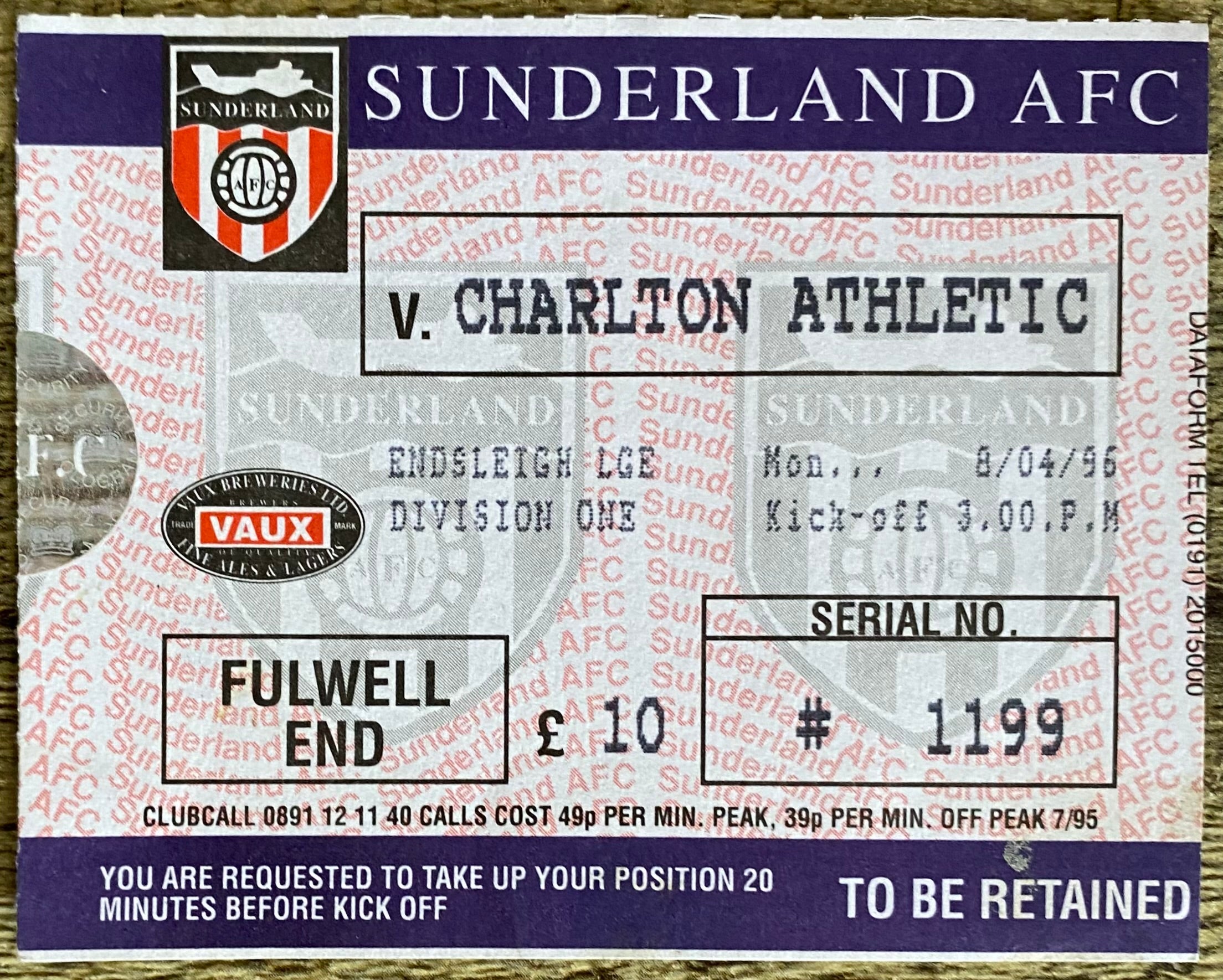1995/96 ORIGINAL DIVISION ONE TICKET SUNDERLAND v CHARLTON ATHLETIC