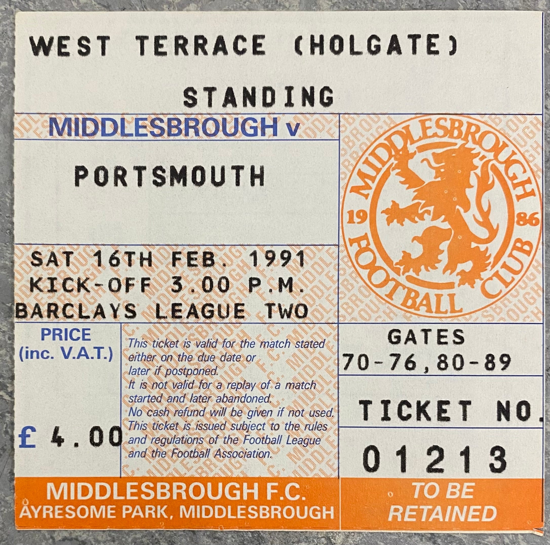 1990/91 ORIGINAL DIVISION 2 TICKET MIDDLESBROUGH V PORTSMOUTH