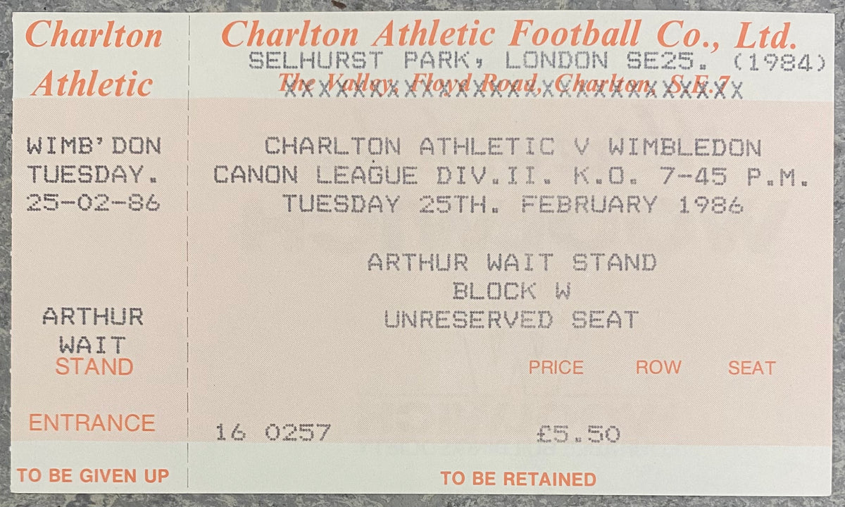 1985/86 ORIGINAL DIVISION TWO UNUSED TICKET CHARLTON ATHLETIC V WIMBLEDON