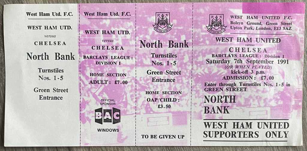 1991/92 ORIGINAL DIVISION 1  UNUSED TICKET WEST HAM UNITED V CHELSEA