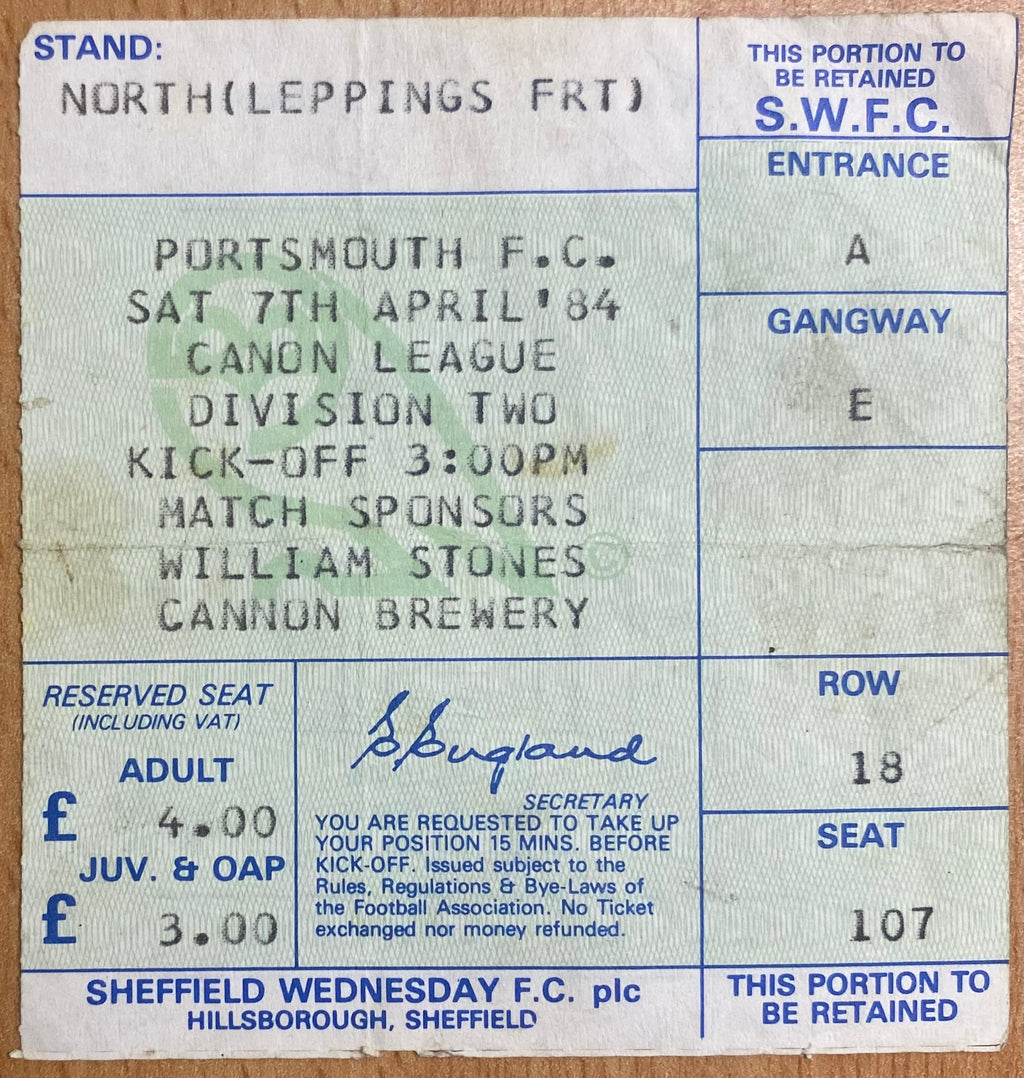 1983/84 ORIGINAL DIVISION 2 TICKET SHEFFIELD WEDNESDAY V PORTSMOUTH