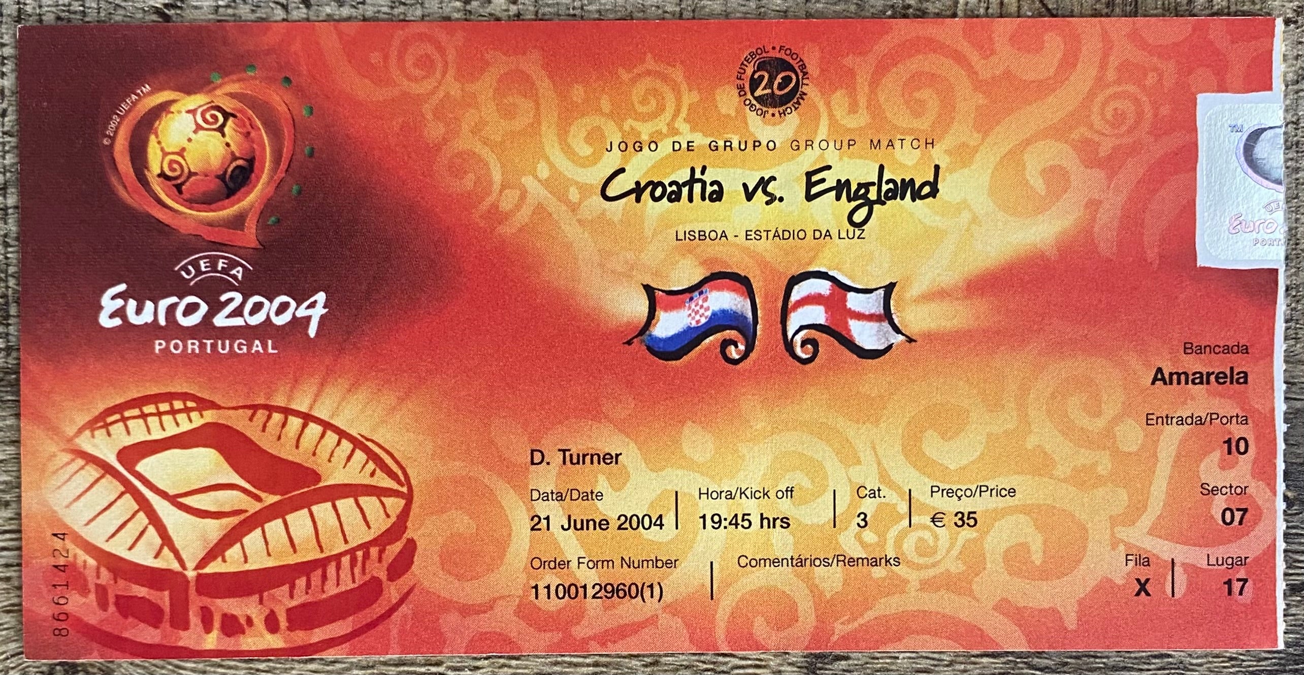 2004 ORIGINAL EUROPEAN CHAMPIONSHIPS TICKET ENGLAND V CROATIA @ LISBON