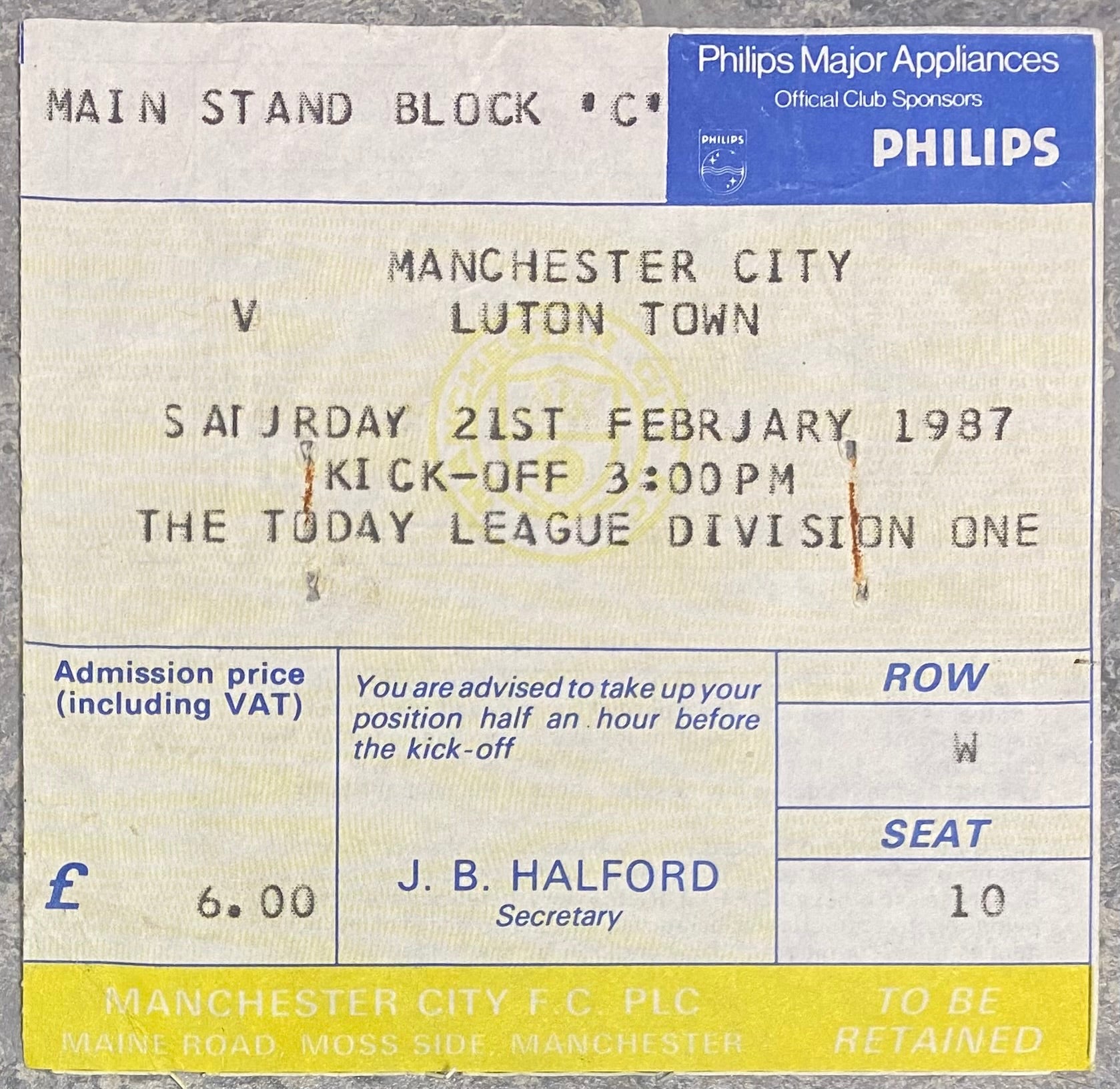 1986/87 ORIGINAL DIVISION ONE TICKET MANCHESTER CITY V LUTON TOWN
