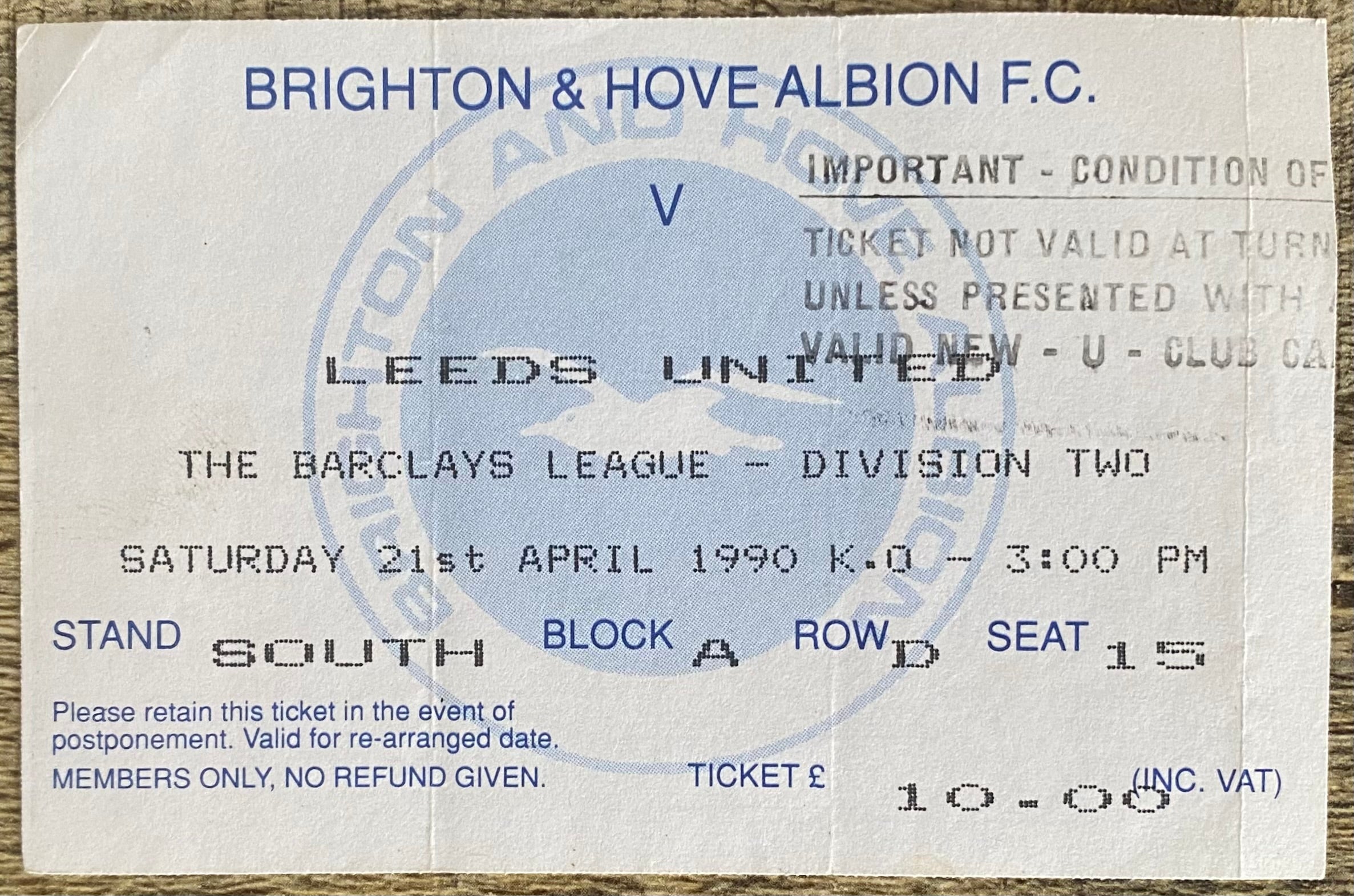 1989/90 ORIGINAL DIVISION 2 TICKET BRIGHTON AND HOVE ALBION V LEEDS UNITED