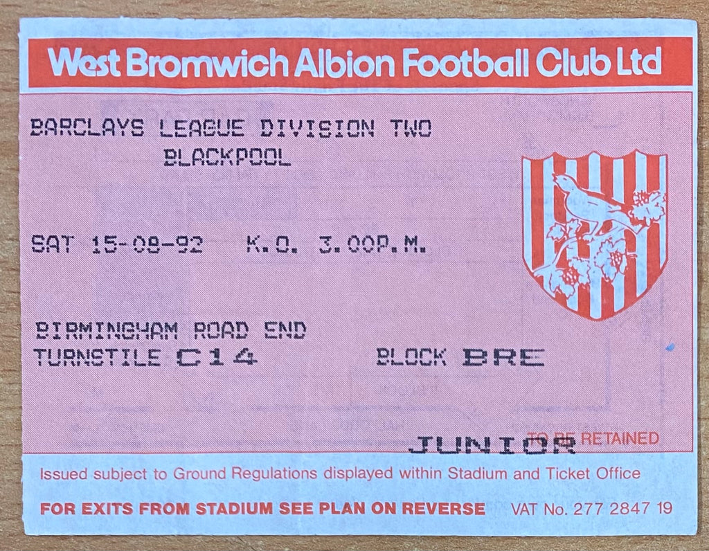 1992/93 ORIGINAL DIVISION 2 TICKET WEST BROMWICH ALBION V BLACKPOOL