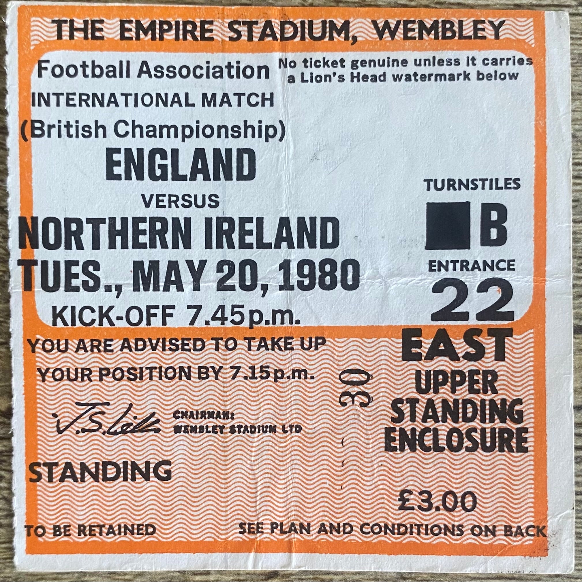 1980 ORIGINAL BRITISH HOME INTERNATIONAL CHAMPIONSHIPS TICKET ENGLAND V NORTHERN IRELAND