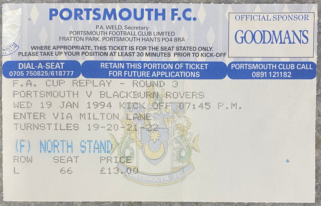 1993/94 ORIGINAL FA CUP 3RD ROUND REPLAY TICKET PORTSMOUTH V BLACKBURN ROVERS