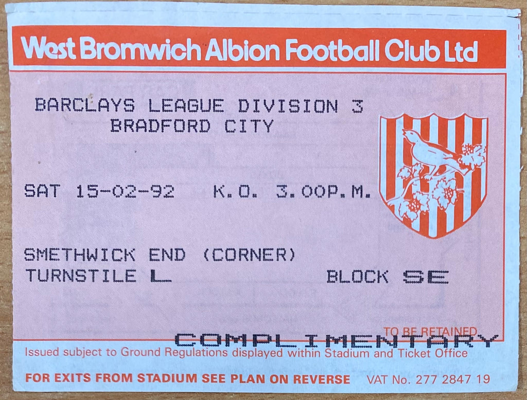 1991/92 ORIGINAL DIVISION 3 TICKET WEST BROMWICH ALBION V BRADFORD CITY