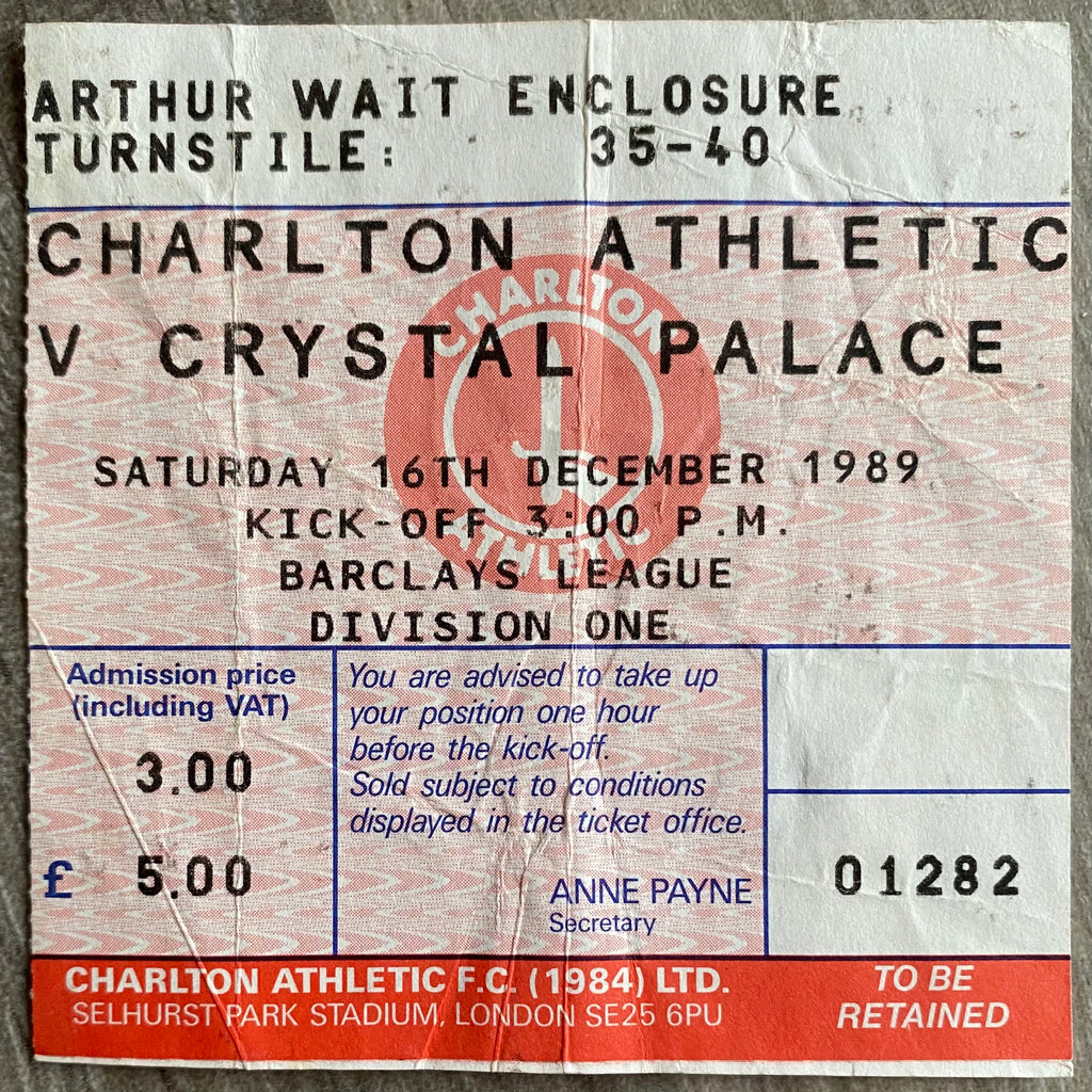 1989/90 ORIGINAL DIVISION ONE TICKET CHARLTON ATHLETIC V CRYSTAL PALACE
