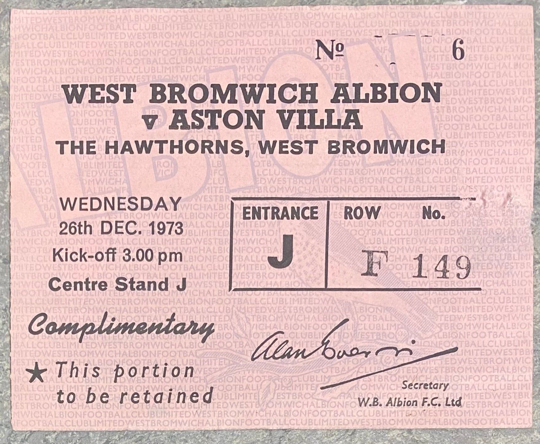 1973/74 ORIGINAL DIVISION TWO TICKET WEST BROMWICH ALBION V ASTON VILLA