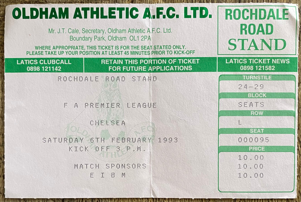 1992/93 ORIGINAL FA PREMIER LEAGUE TICKET OLDHAM ATHLETIC V CHELSEA