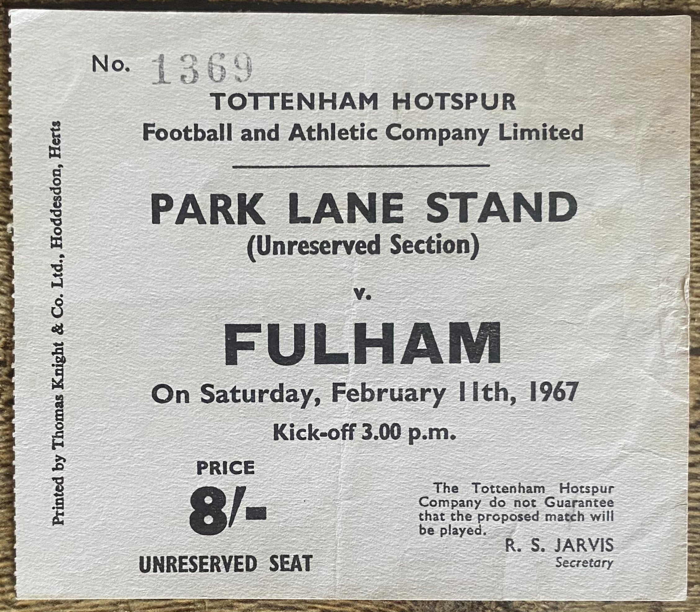 1966/67 ORIGINAL DIVISION ONE TICKET TOTTENHAM HOTSPUR V FULHAM
