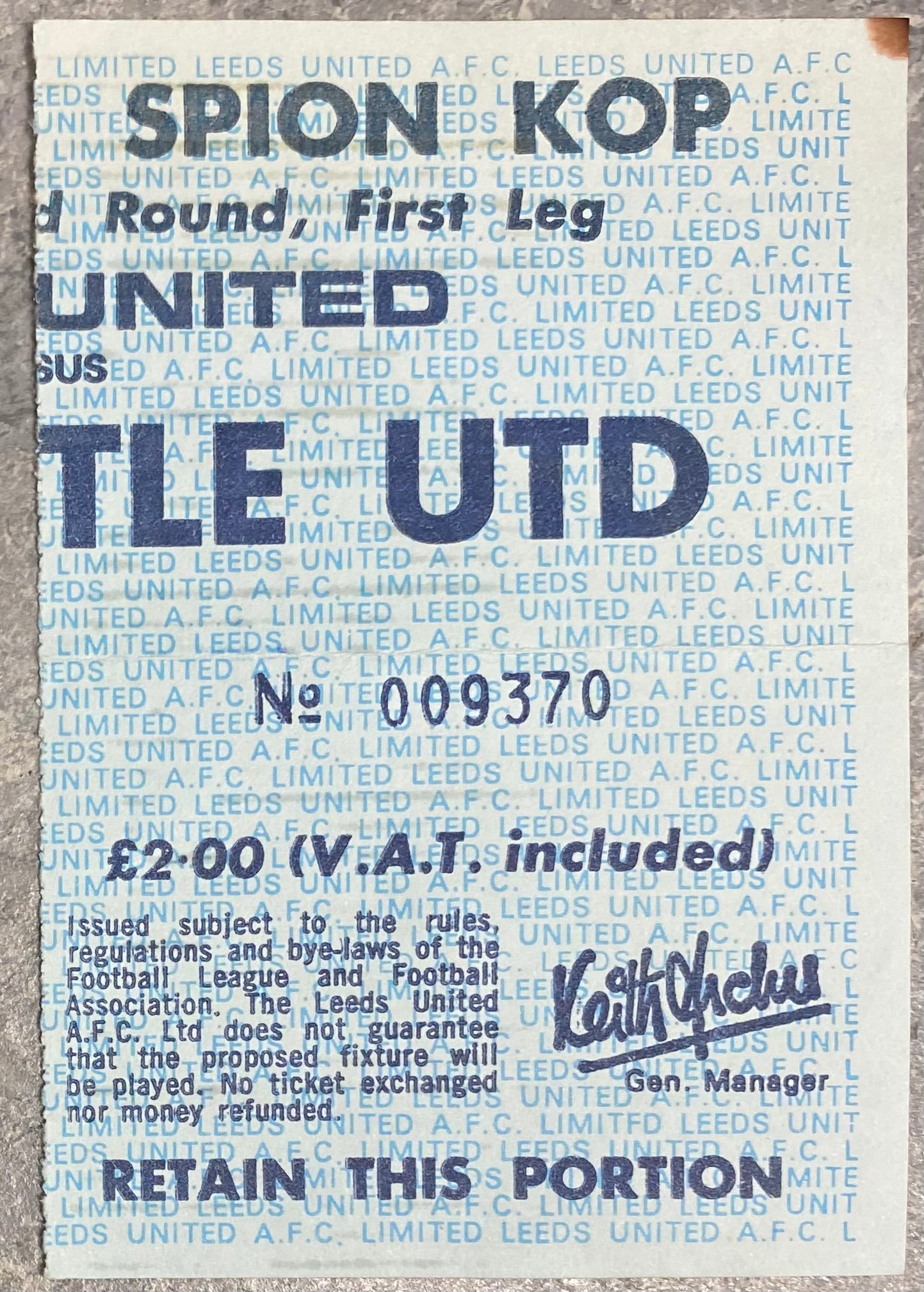 1982/83 ORIGINAL LEAGUE CUP 2ND ROUND 1ST LEG TICKET LEEDS UNITED V NEWCASTLE UNITED