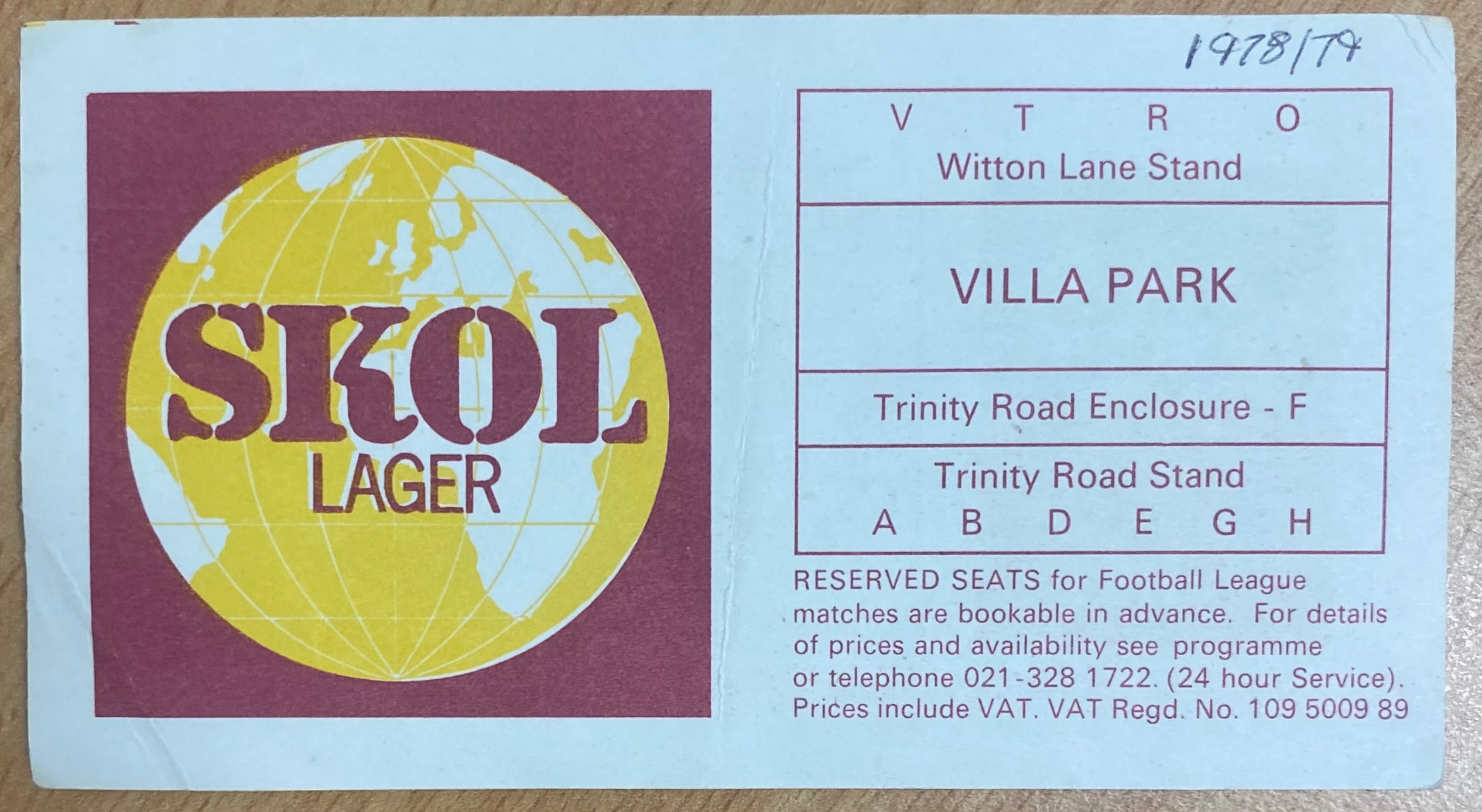 1978/79 ORIGINAL DIVISION 1 TICKET ASTON VILLA V WEST BROMWICH ALBION