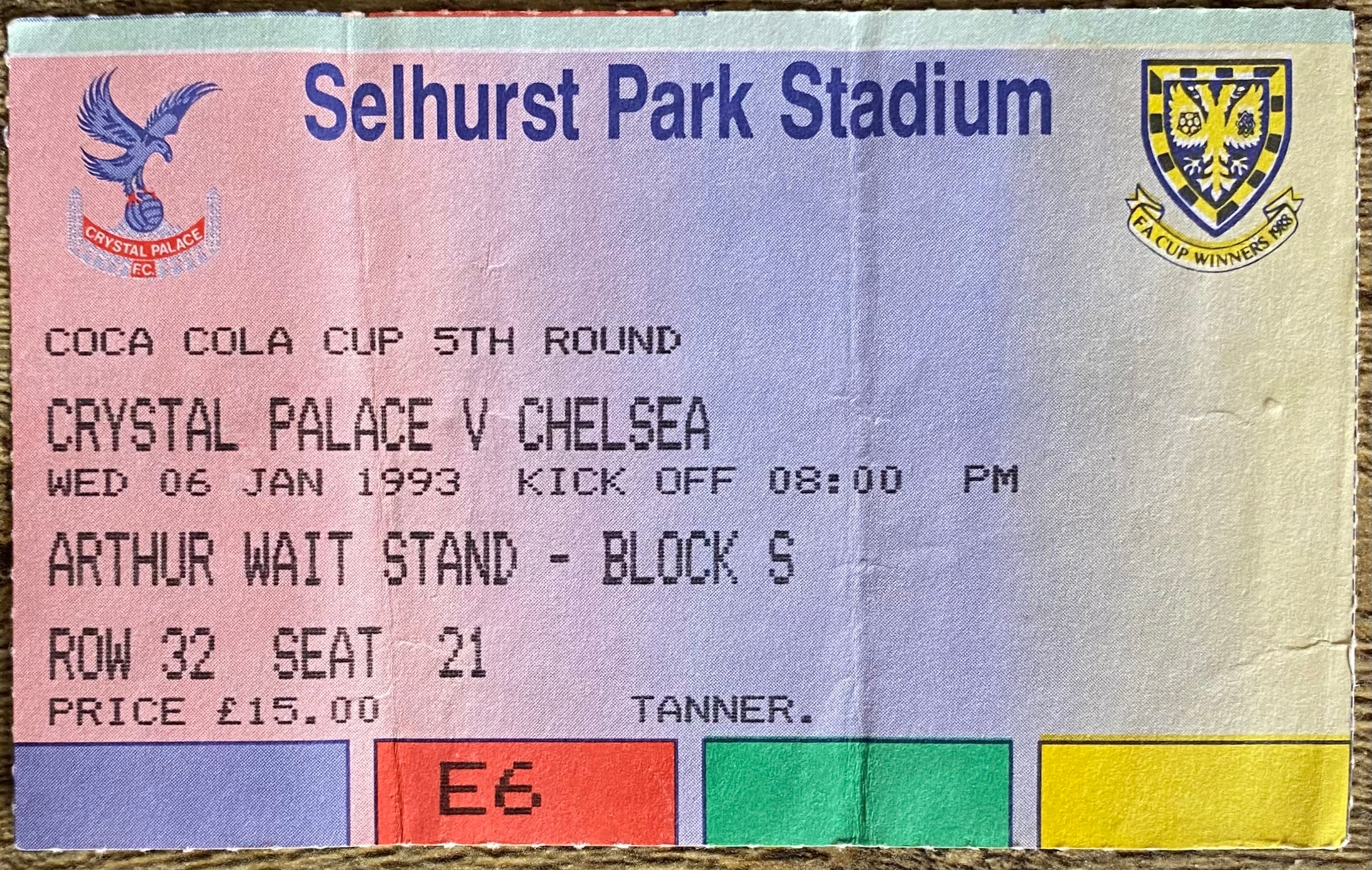 1992/93 ORIGINAL COCA COLA 5TH ROUND TICKET CRYSTAL PALACE V CHELSEA