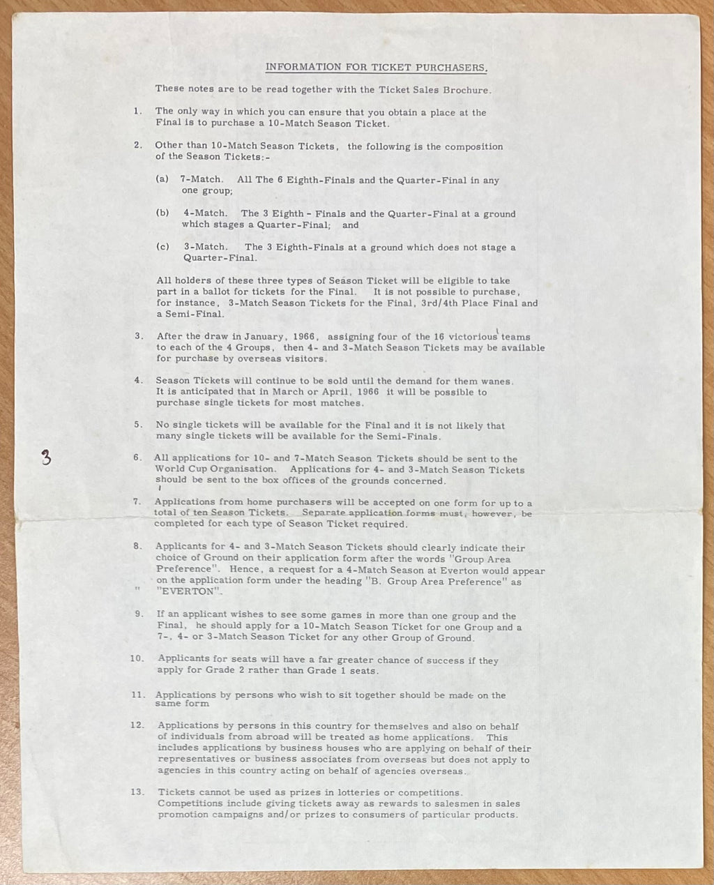 1966 WORLD CUP ORIGINAL OFFICIAL TICKET INFORMATION AND MATCH INFORMATION SHEET