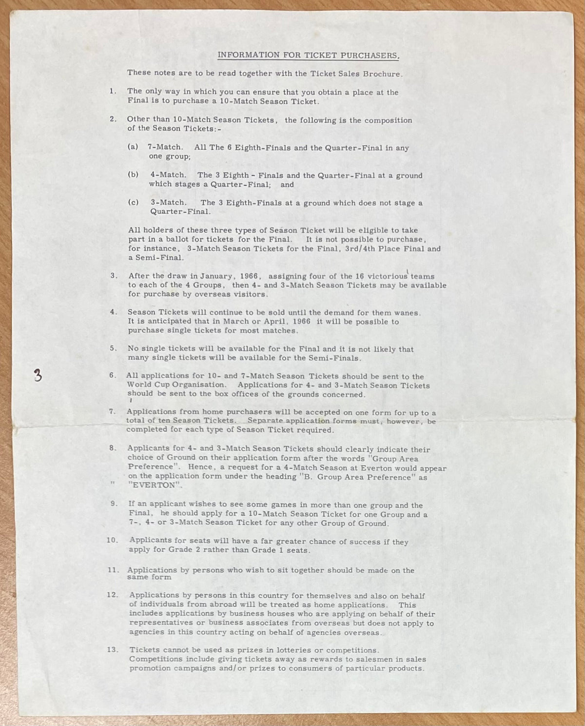 1966 WORLD CUP ORIGINAL OFFICIAL TICKET INFORMATION AND MATCH INFORMATION SHEET