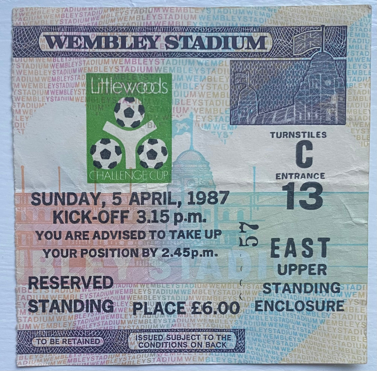 1987 ORIGINAL LITTLEWOODS CUP FINAL TICKET LIVERPOOL V ARSENAL