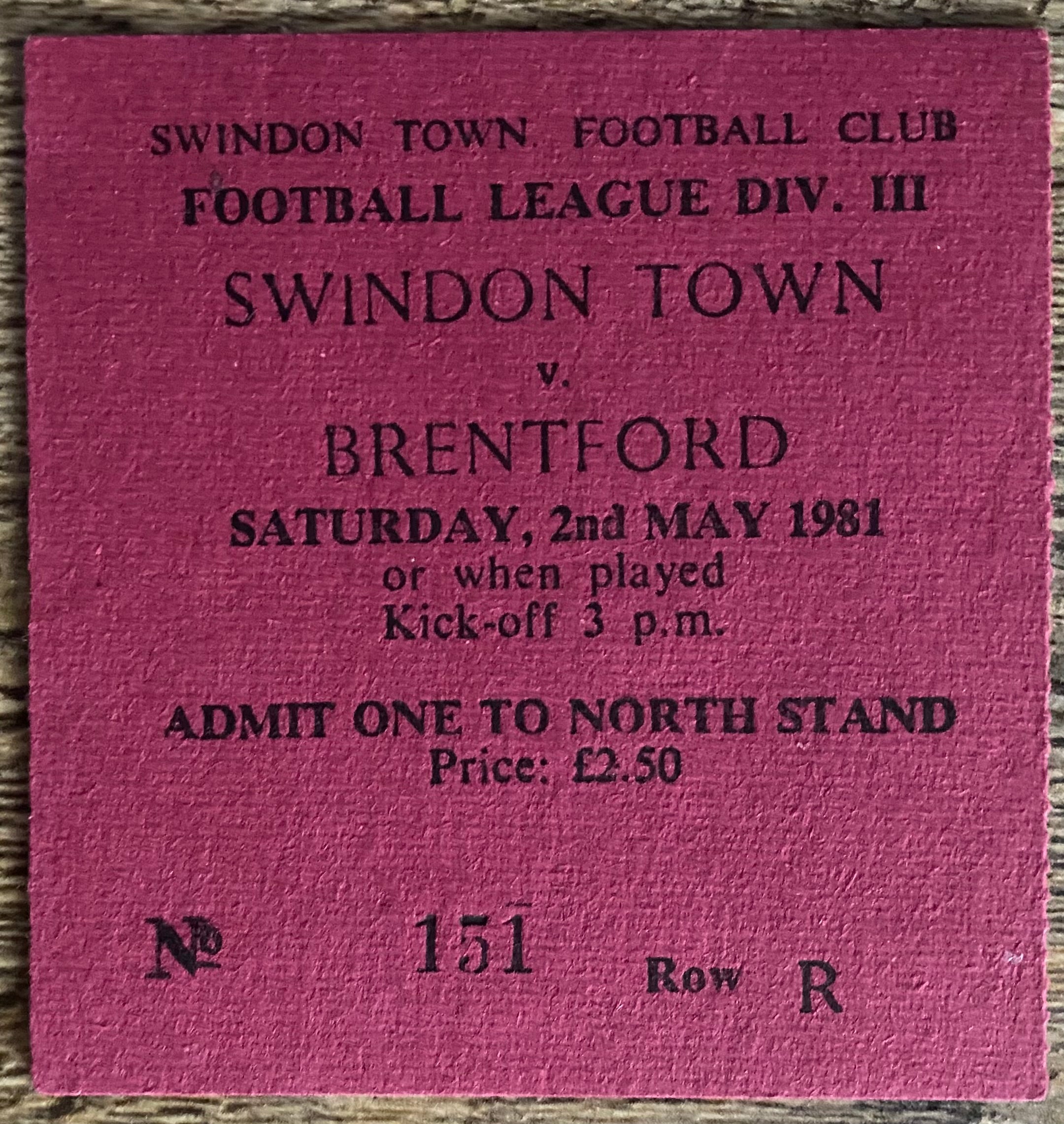 1980/81 ORIGINAL DIVISION 3 TICKET SWINDON TOWN V BRENTFORD