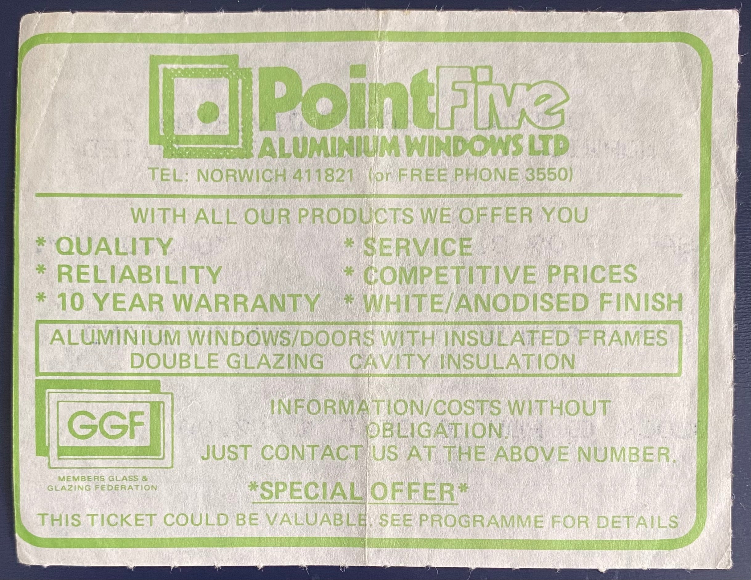 1981/82 ORIGINAL DIVISION 2 TICKET NORWICH CITY V NEWCASTLE UNITED