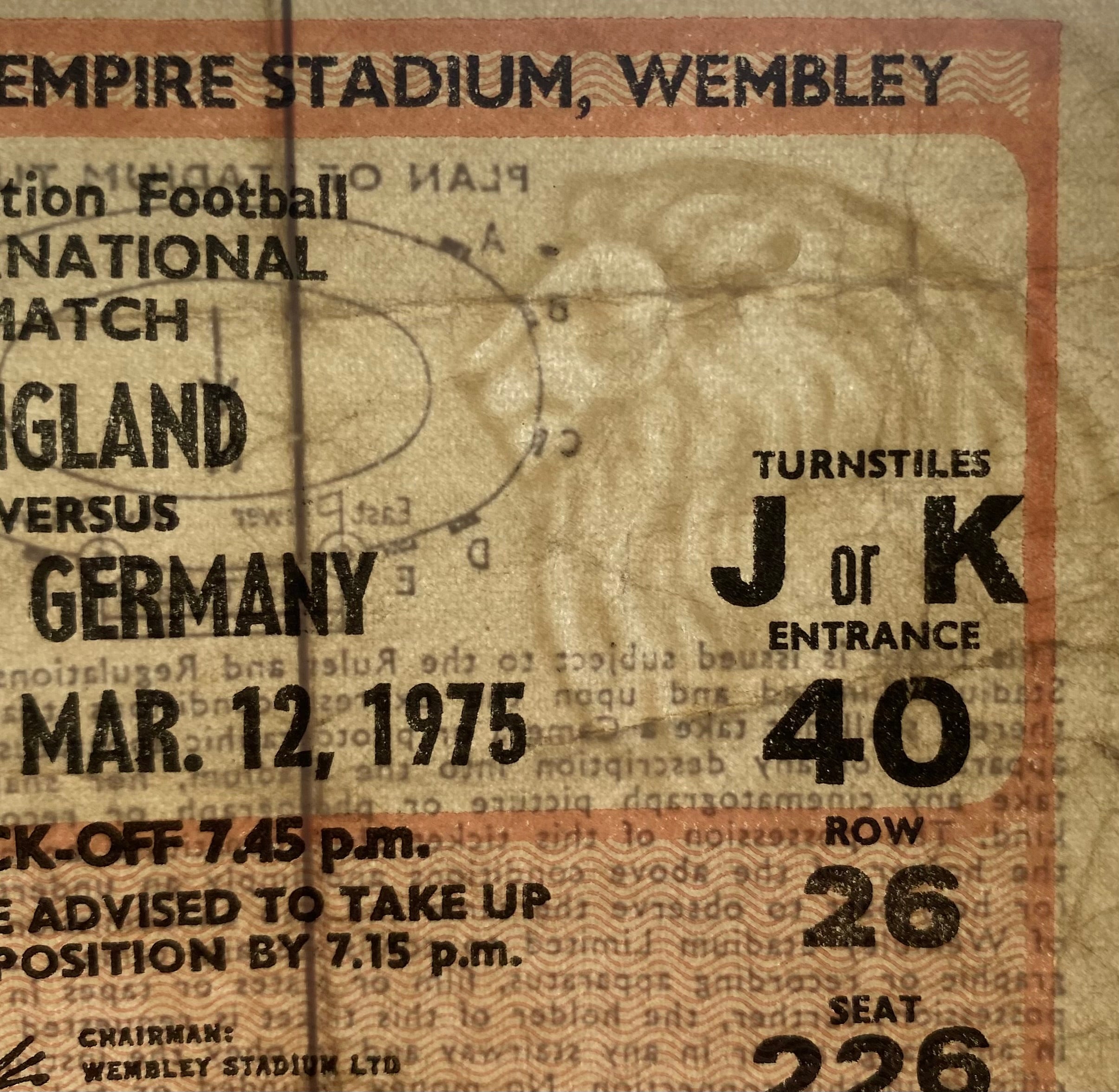 1975 ORIGINAL INTERNATIONAL TICKET ENGLAND V WEST GERMANY