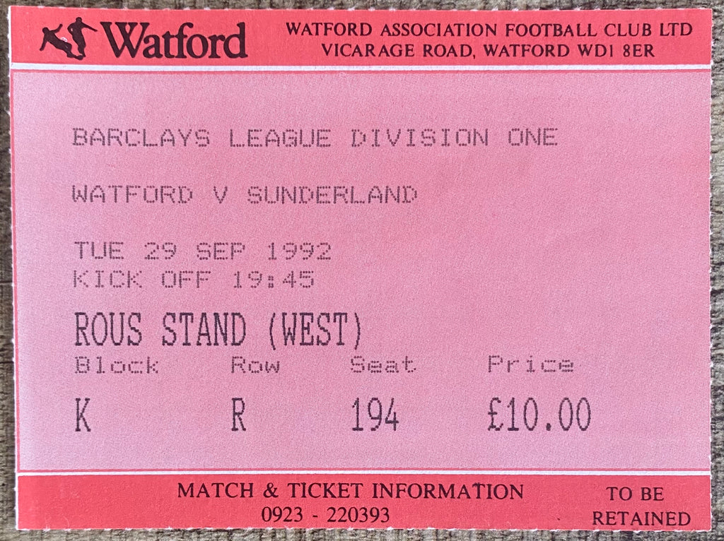 1992/93 ORIGINAL DIVISION 1 TICKET WATFORD V SUNDERLAND