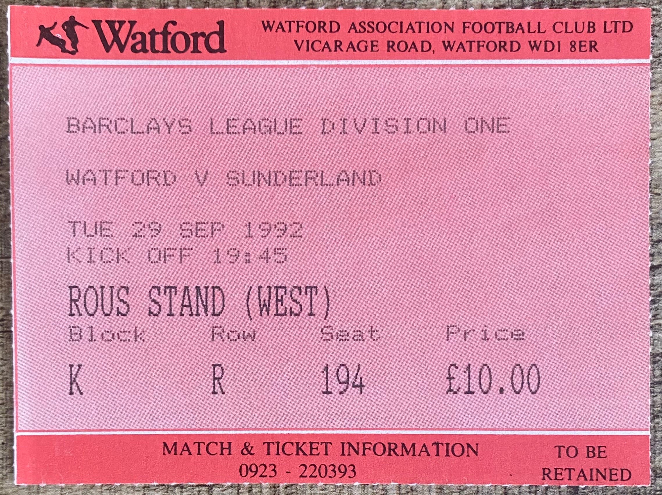 1992/93 ORIGINAL DIVISION 1 TICKET WATFORD V SUNDERLAND