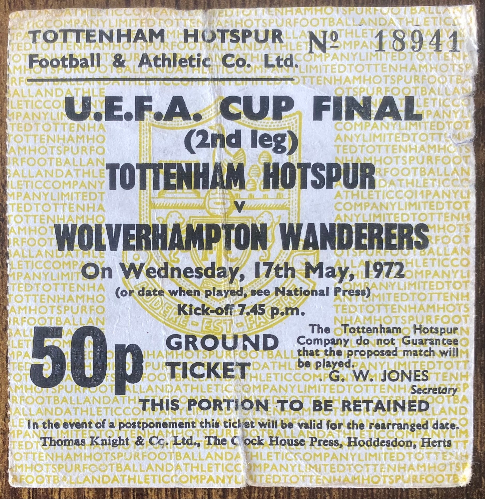 1971/72 ORIGINAL UEFA CUP FINAL 2ND LEG TICKET TOTTENHAM HOTSPUR V WOLVERHAMPTON WANDERERS