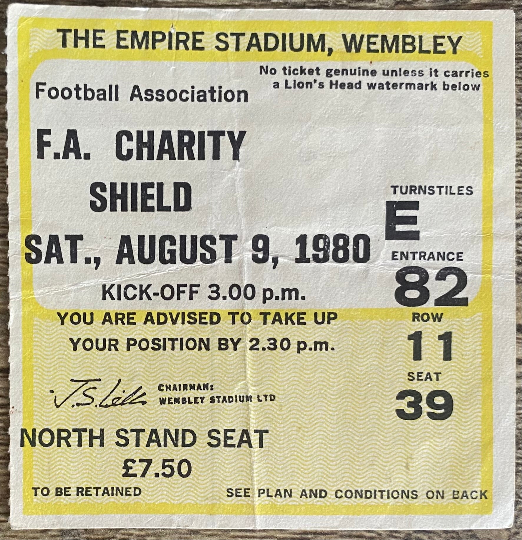 1980 ORIGINAL CHARITY SHIELD TICKET LIVERPOOL V WEST HAM UNITED