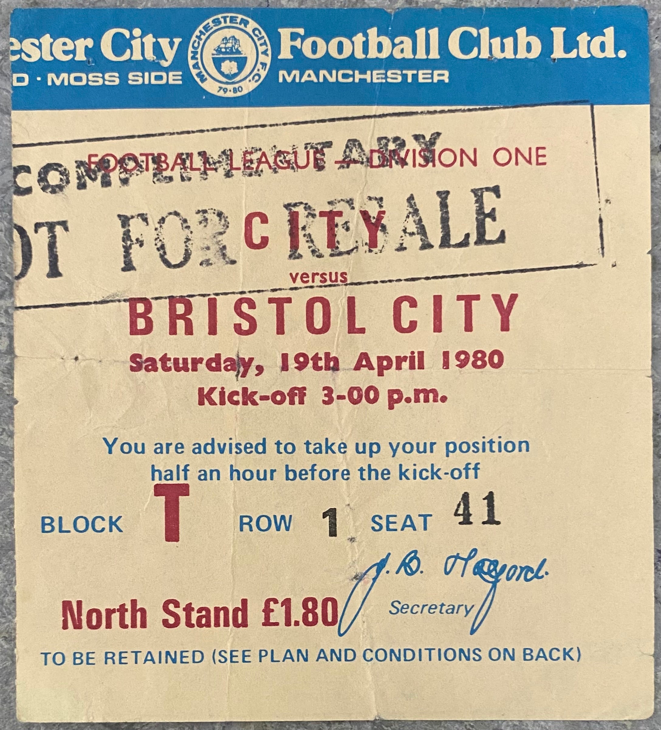 1979/80 ORIGINAL DIVISION 1 TICKET MANCHESTER CITY V BRISTOL CITY