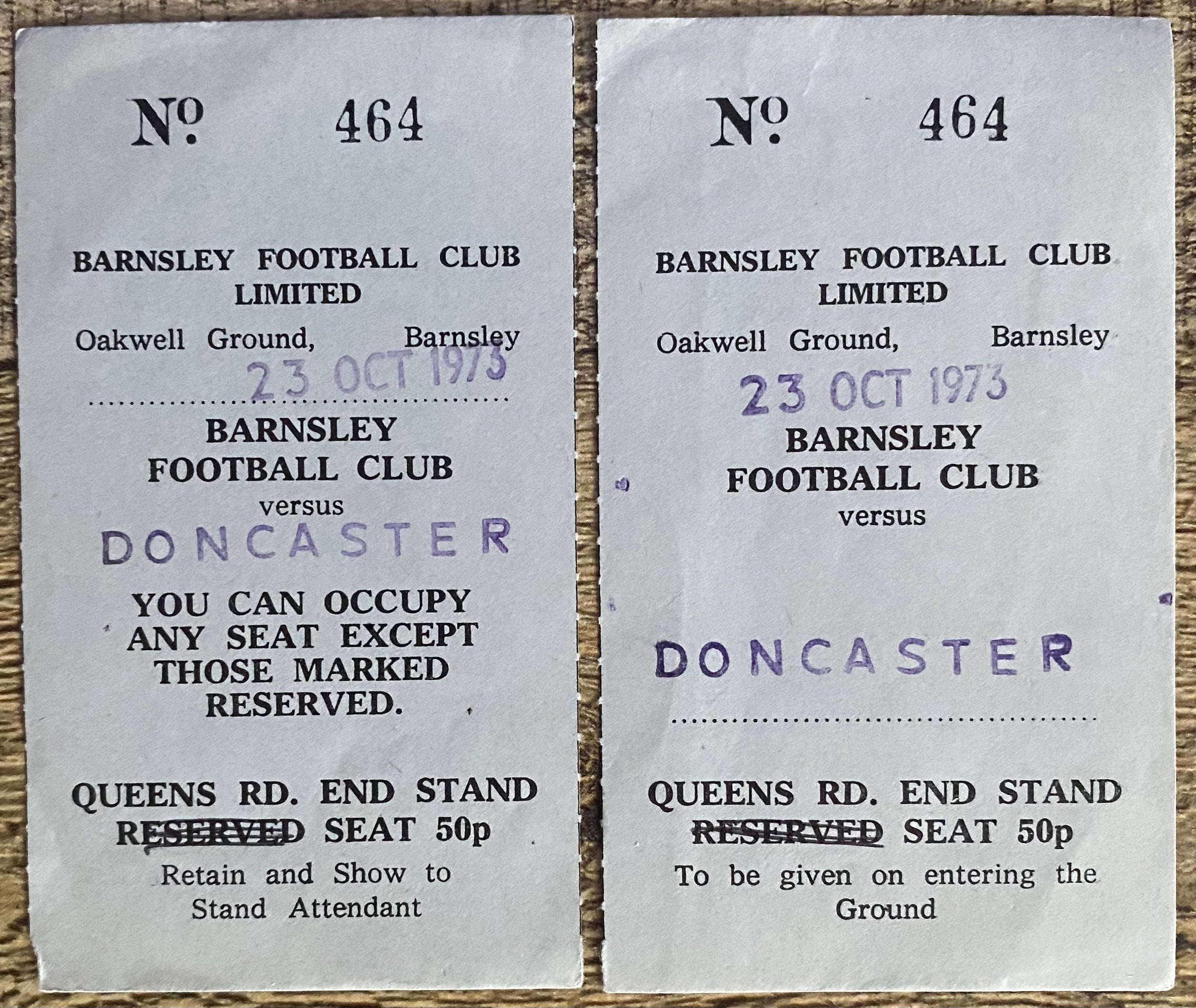 1973/74 ORIGINAL DIVISION 4 TICKET BARNSLEY V DONCASTER ROVERS (COMPLETE TICKET)