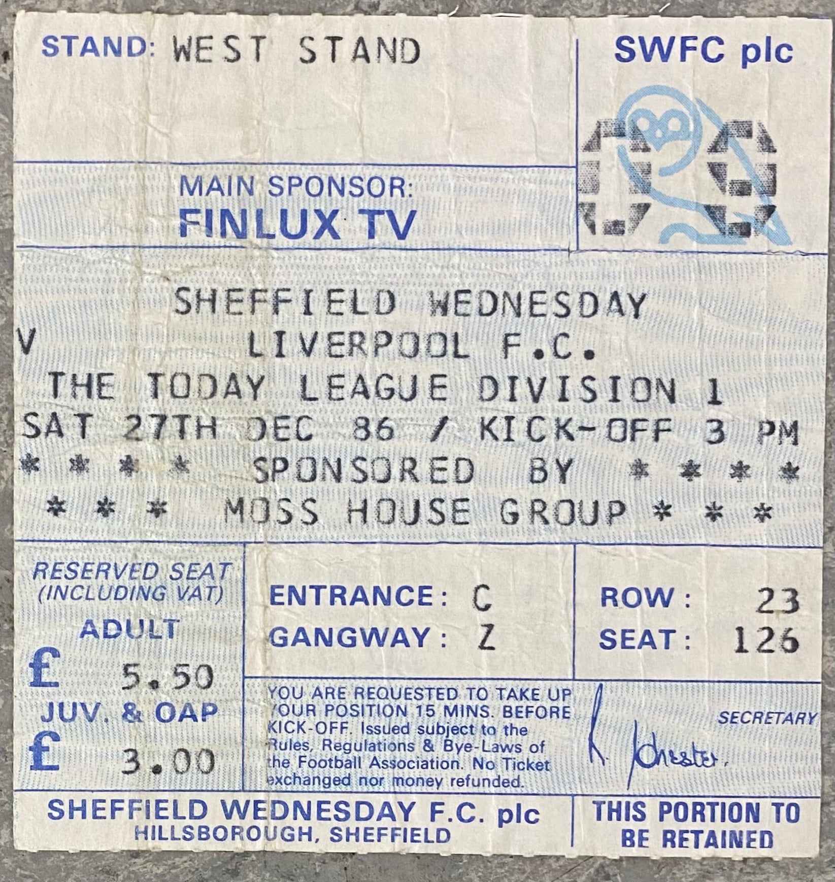 1986/87 ORIGINAL DIVISION ONE TICKET SHEFFIELD WEDNESDAY V LIVERPOOL