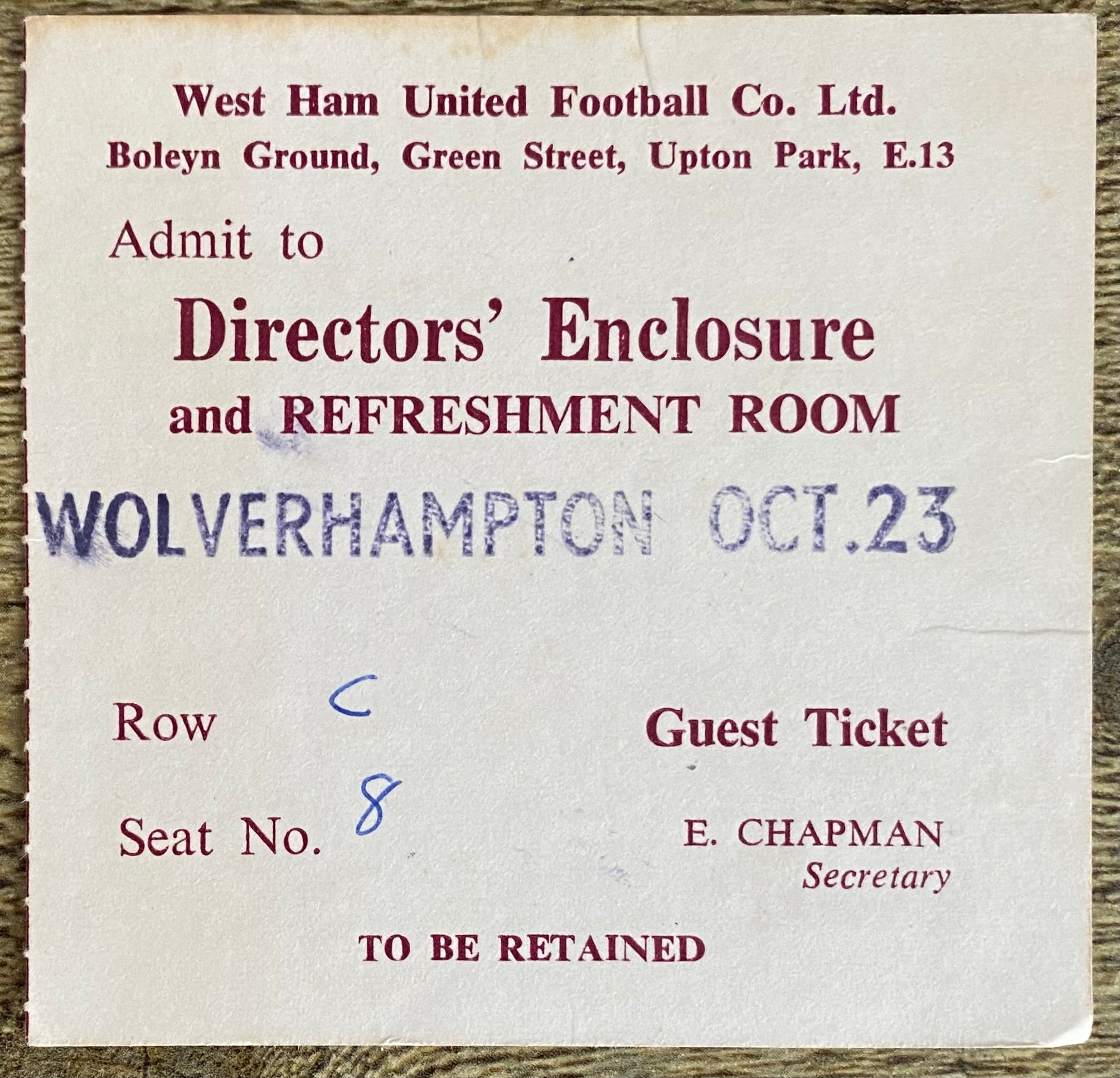 1971/72 ORIGINAL DIVISION ONE DIRECTORS TICKET WEST HAM UNITED V WOLVERHAMPTON WANDERERS