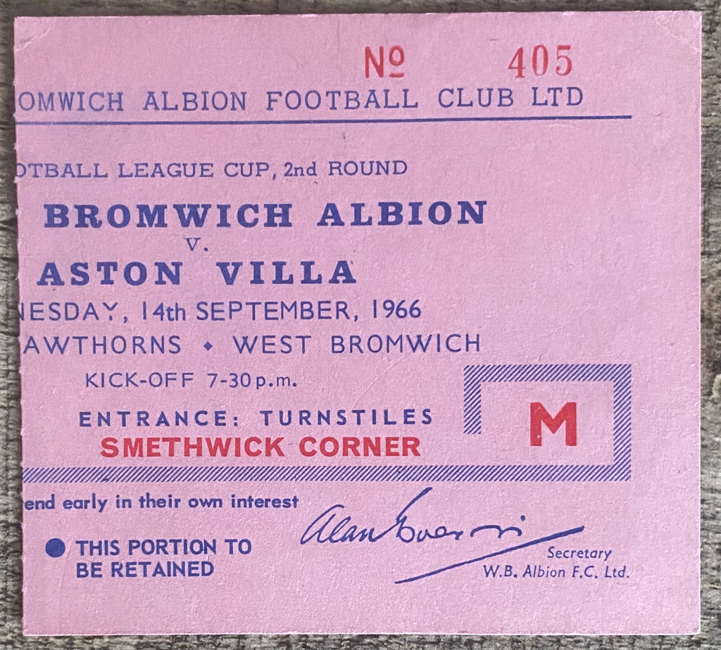 1966/67 ORIGINAL LEAGUE CUP 2ND ROUND TICKET WEST BROMWICH ALBION V ASTON VILLA