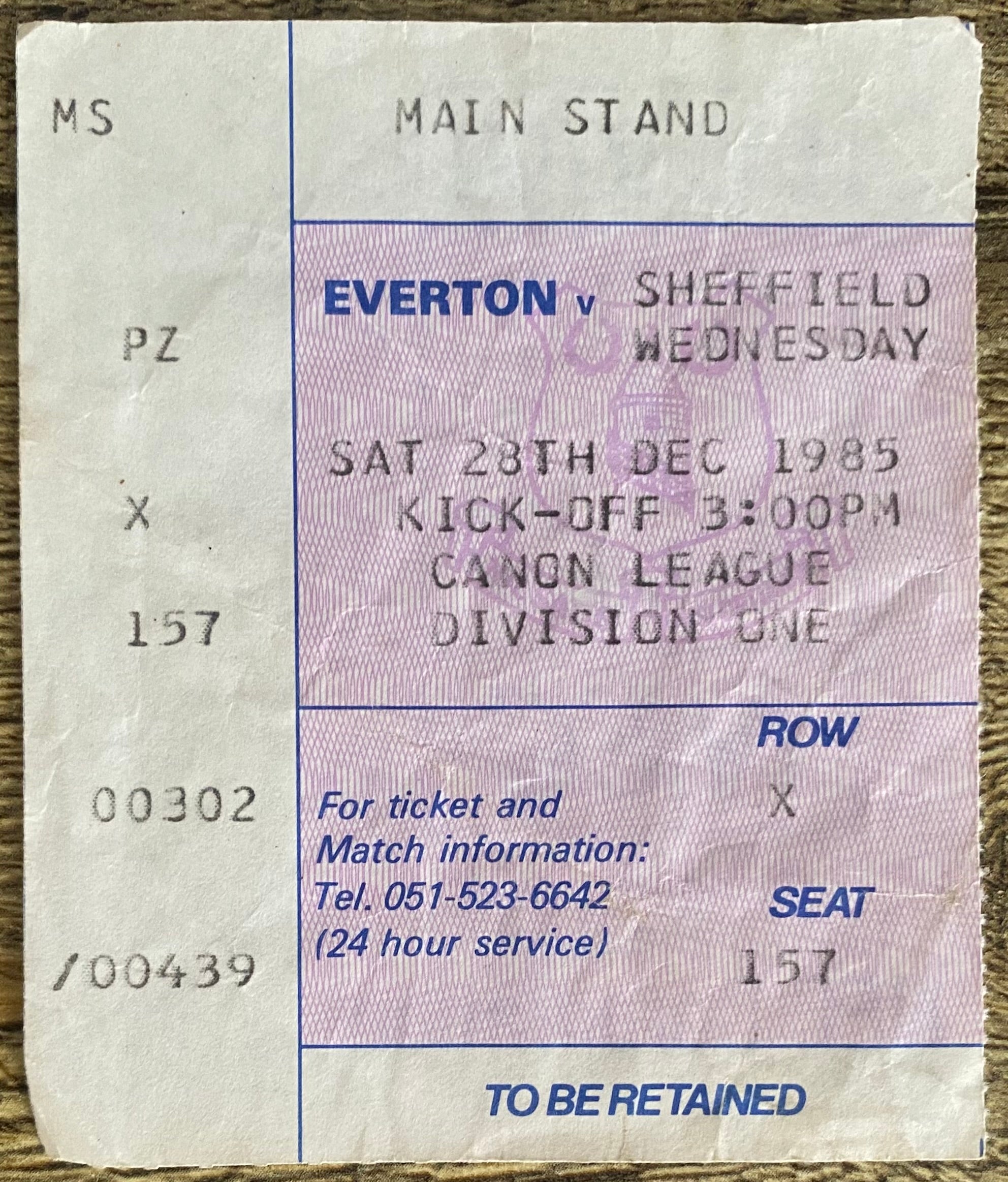 1985/86  ORIGINAL DIVISION ONE TICKET EVERTON V SHEFFIELD WEDNESDAY