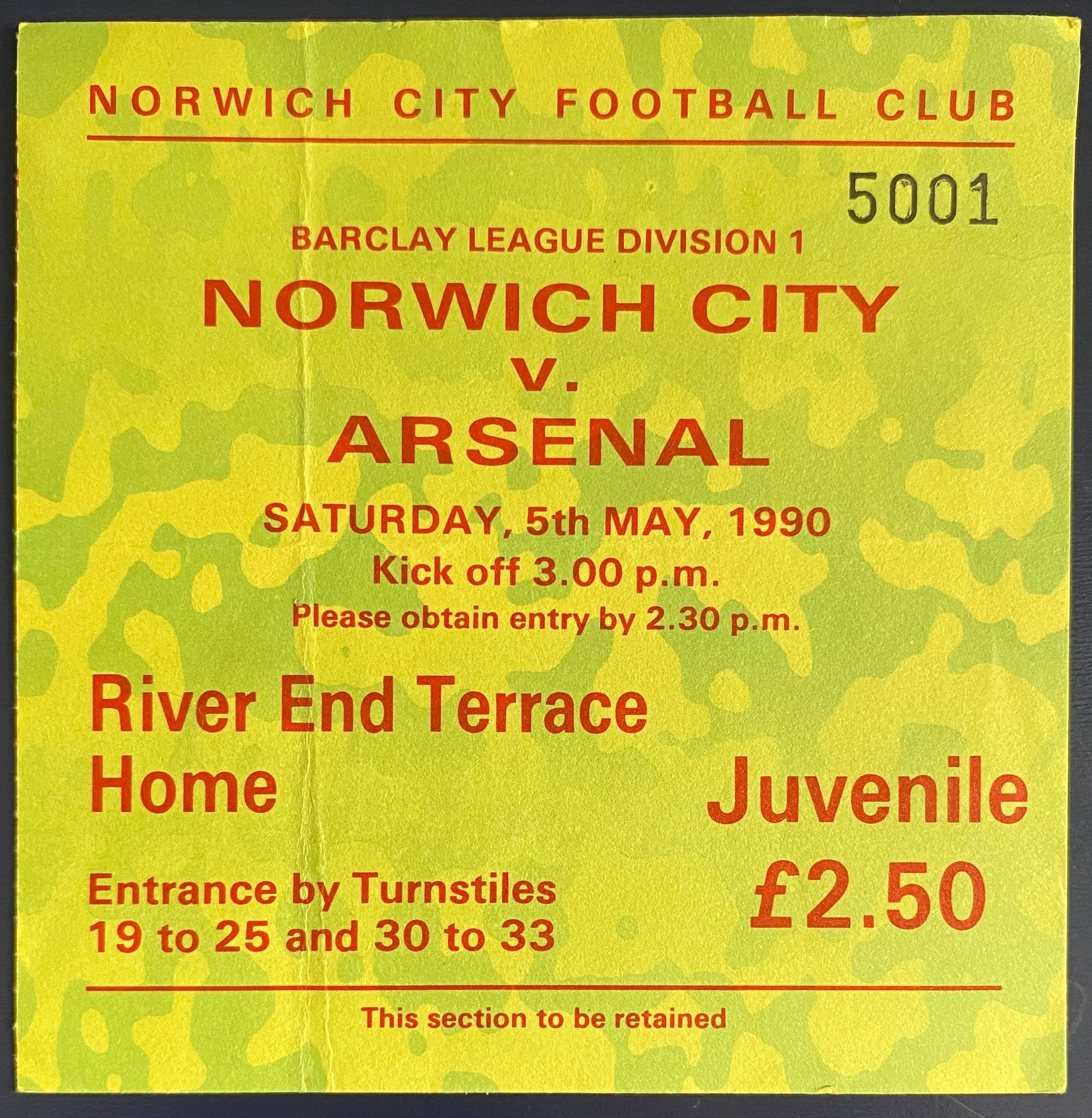 1989/90 ORIGINAL DIVISION 1 TICKET NORWICH CITY V ARSENAL