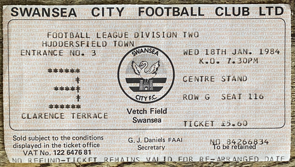 1983/84 ORIGINAL DIVISION 2 TICKET SWANSEA CITY V HUDDERSFIELD TOWN