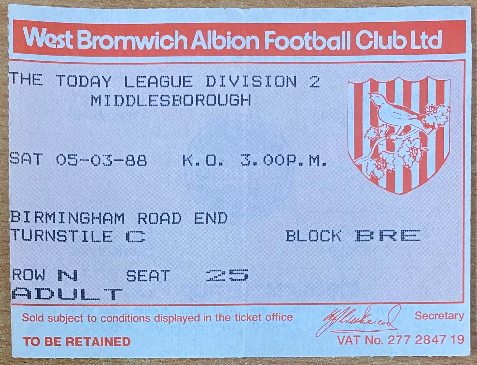 1987/88 ORIGINAL DIVISION 2 TICKET WEST BROMWICH ALBION V MIDDLESBROUGH