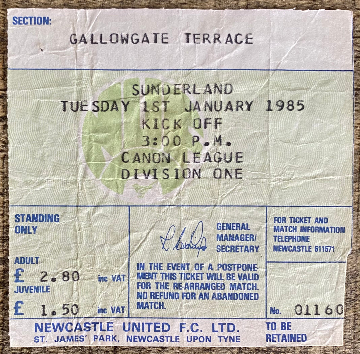 1984/85 ORIGINAL DIVISION 1 TICKET NEWCASTLE UNITED V SUNDERLAND