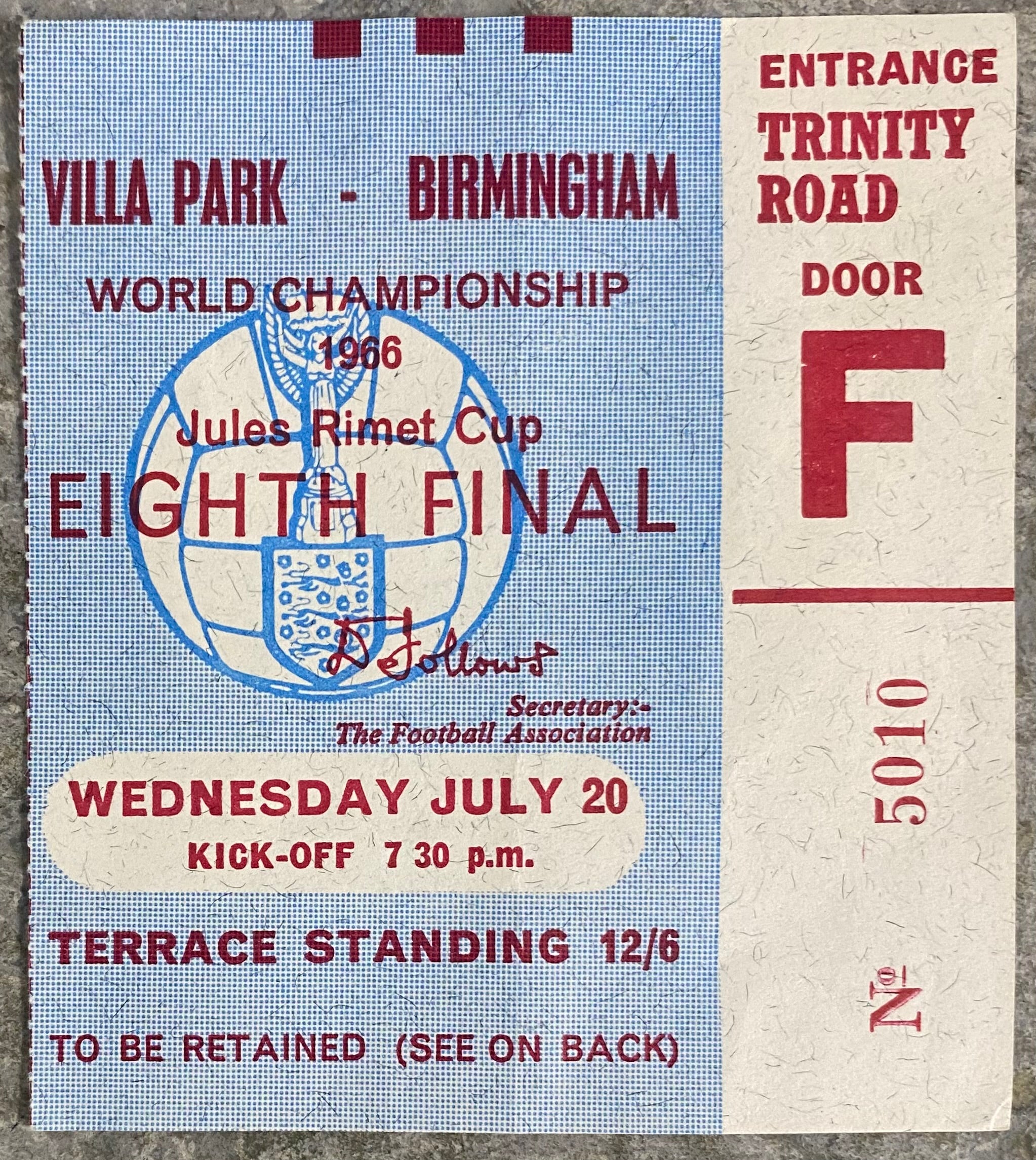 1966 ORIGINAL WORLD CUP 1ST ROUND TICKET WEST GERMANY V SPAIN @ VILLA PARK