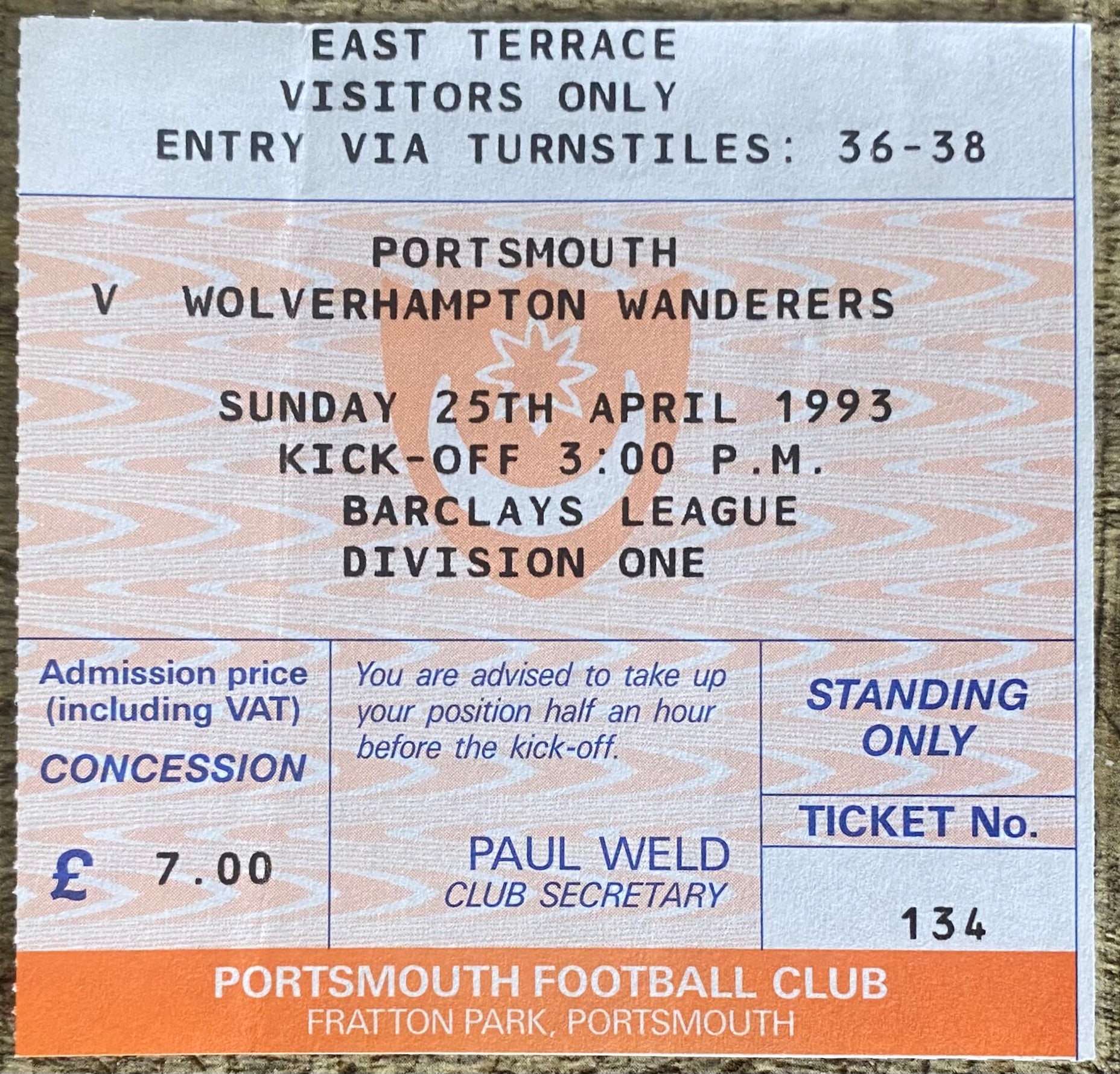 1992/93 ORIGINAL DIVISION 1 TICKET PORTSMOUTH V WOLVERHAMPTON WANDERERS