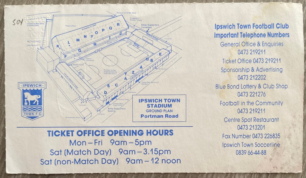 1991/92 ORIGINAL DIVISION 2 TICKET  IPSWICH TOWN V CHARLTON ATHLETIC