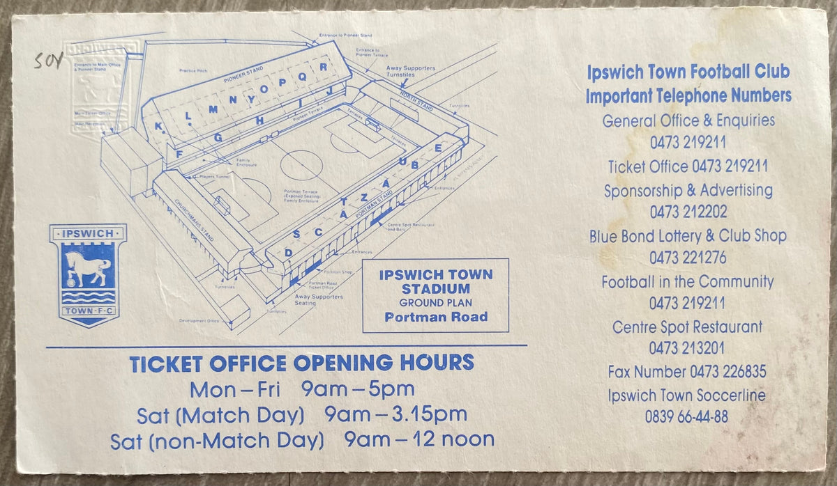 1991/92 ORIGINAL DIVISION 2 TICKET  IPSWICH TOWN V CHARLTON ATHLETIC
