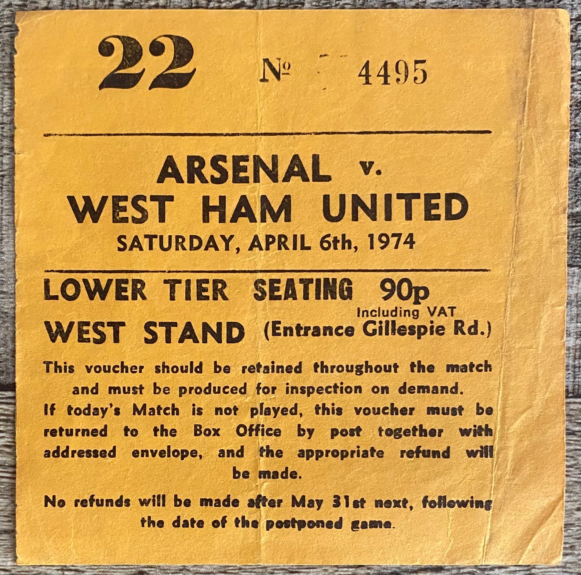 1973/74 ORIGINAL DIVISION ONE TICKET ARSENAL V WEST HAM UNITED